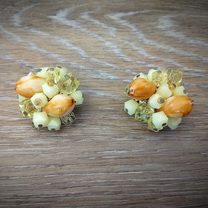Vintage Beaded Clip-On Earrings - Orange, Citron